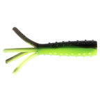 Dark green soft plastic fishing lure with black dots and long neon green tentacles