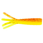 Yellow and orange soft plastic fishing lure with dot-speckled tentacle tails