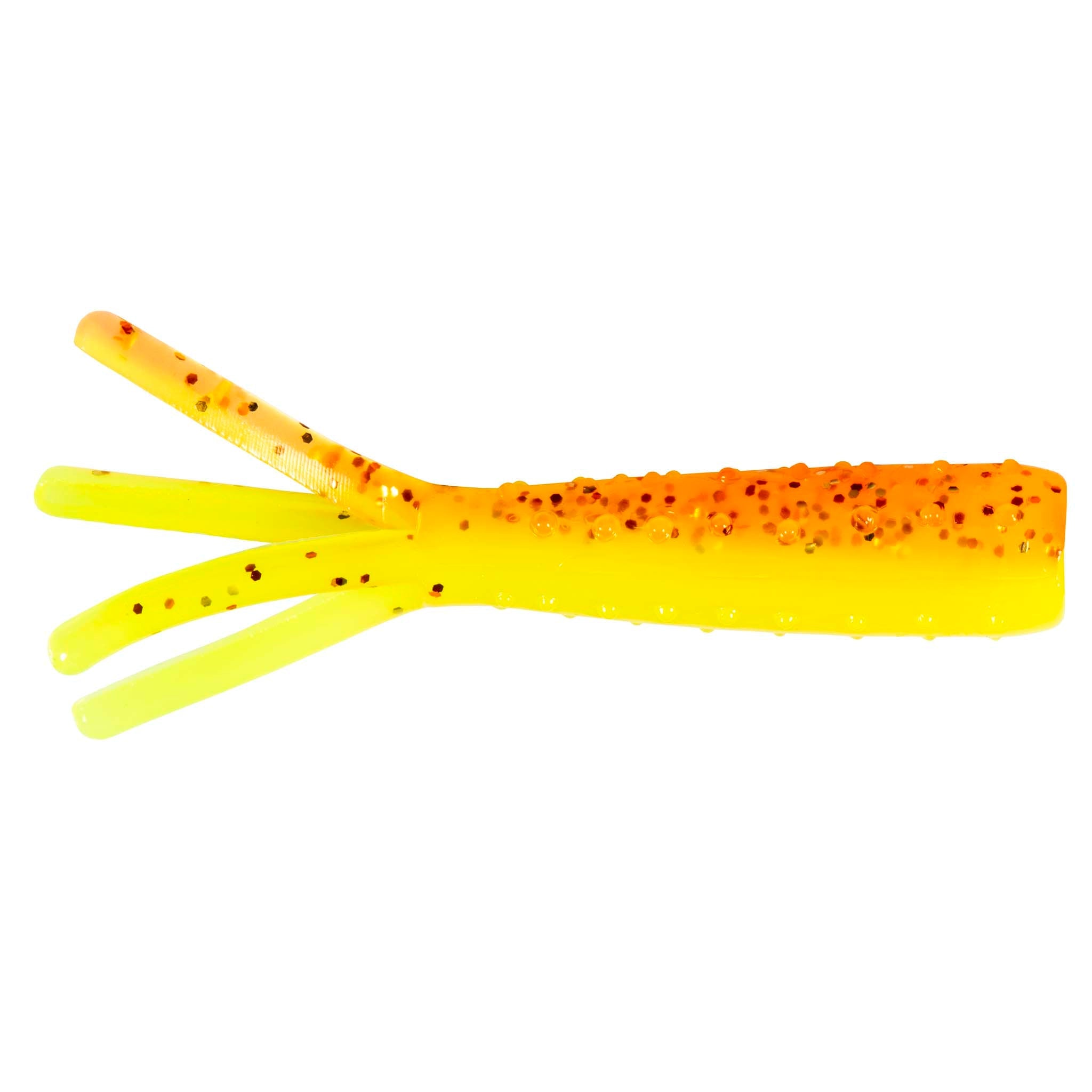 Yellow and orange soft plastic fishing lure with dot-speckled tentacle tails