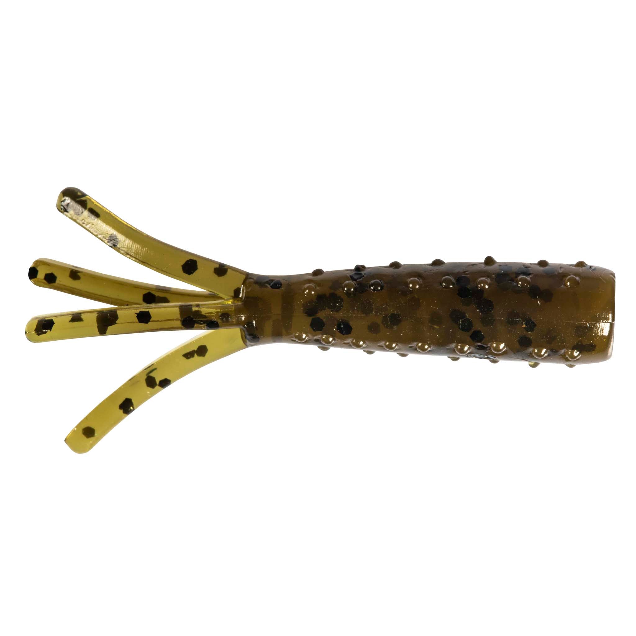 Olive brown soft plastic fishing lure with dark speckles and six tentacle fins
