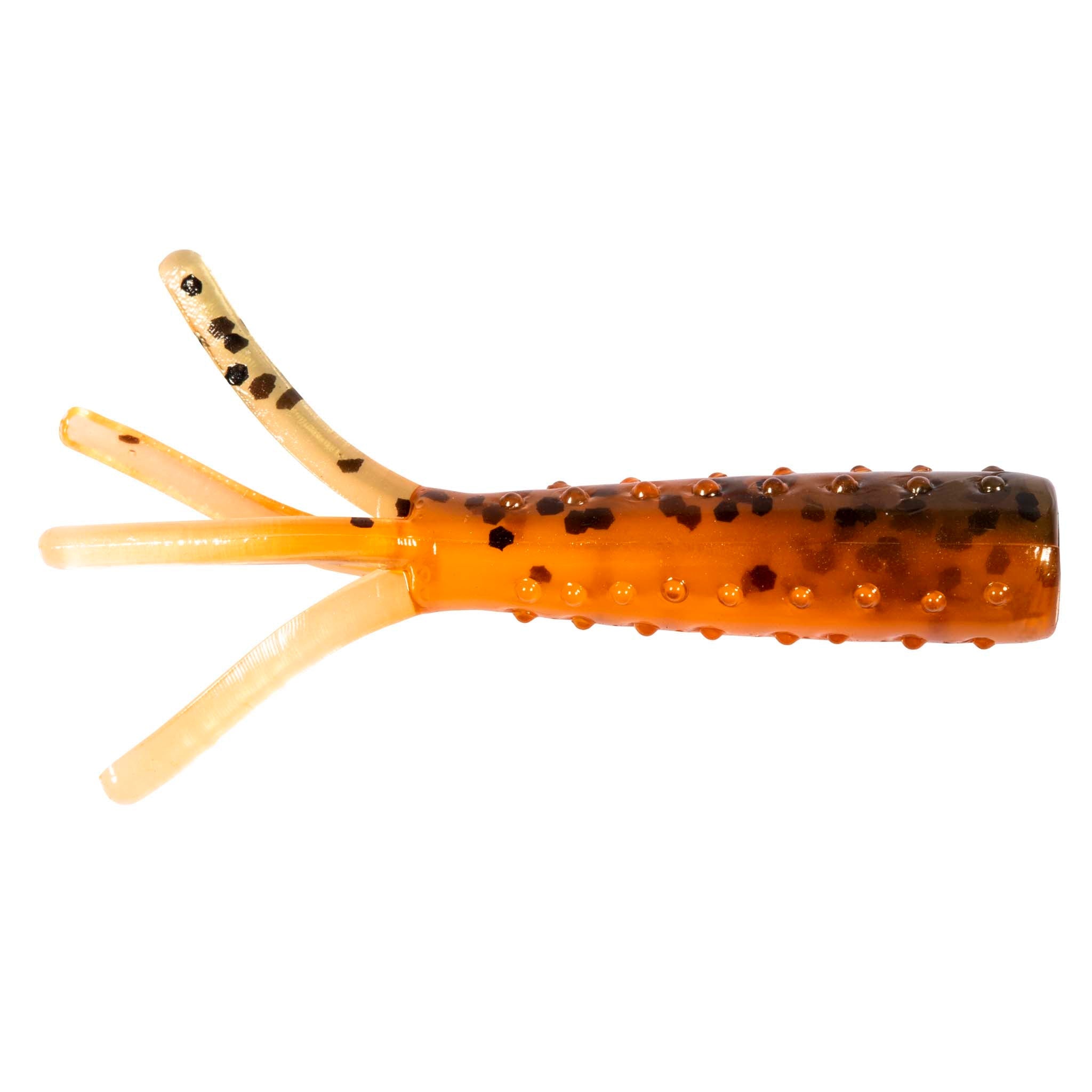 Orange soft plastic fishing lure with dark speckles and slender tentacle tails