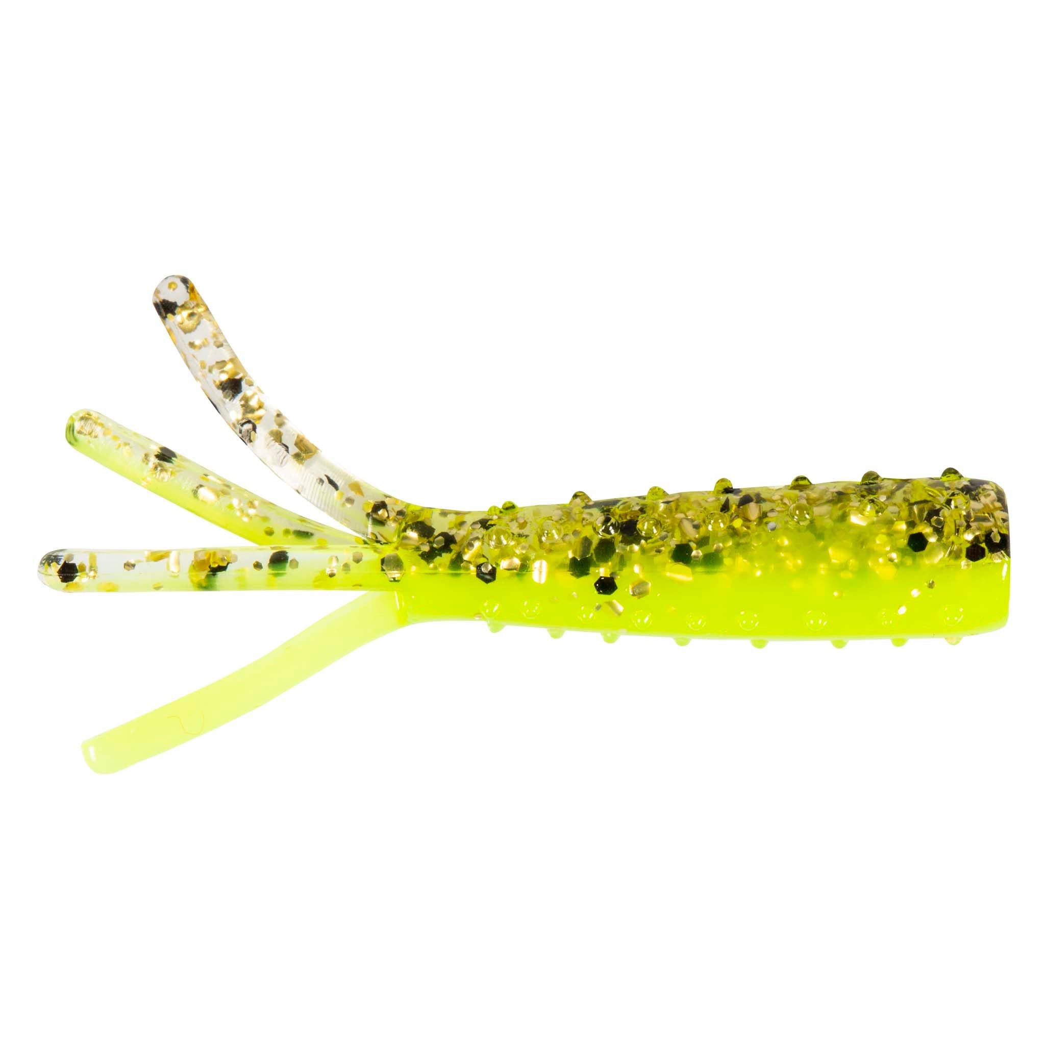 Chartreuse soft plastic fishing lure with glitter dots and translucent tentacle tails