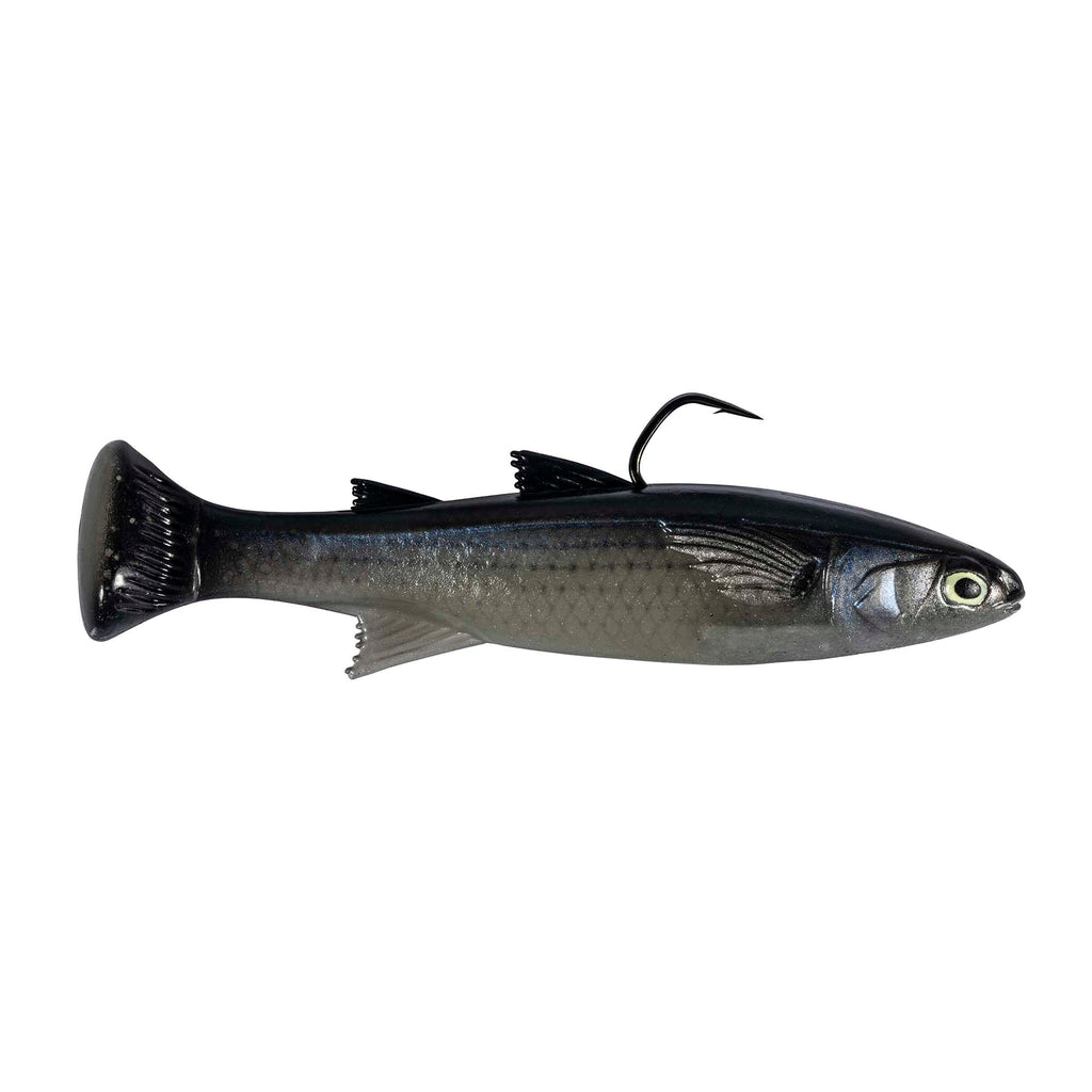 Fishing lure in dark gray-silver with black tail and curled hook