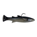 Fishing lure in dark gray-silver with black tail and curled hook