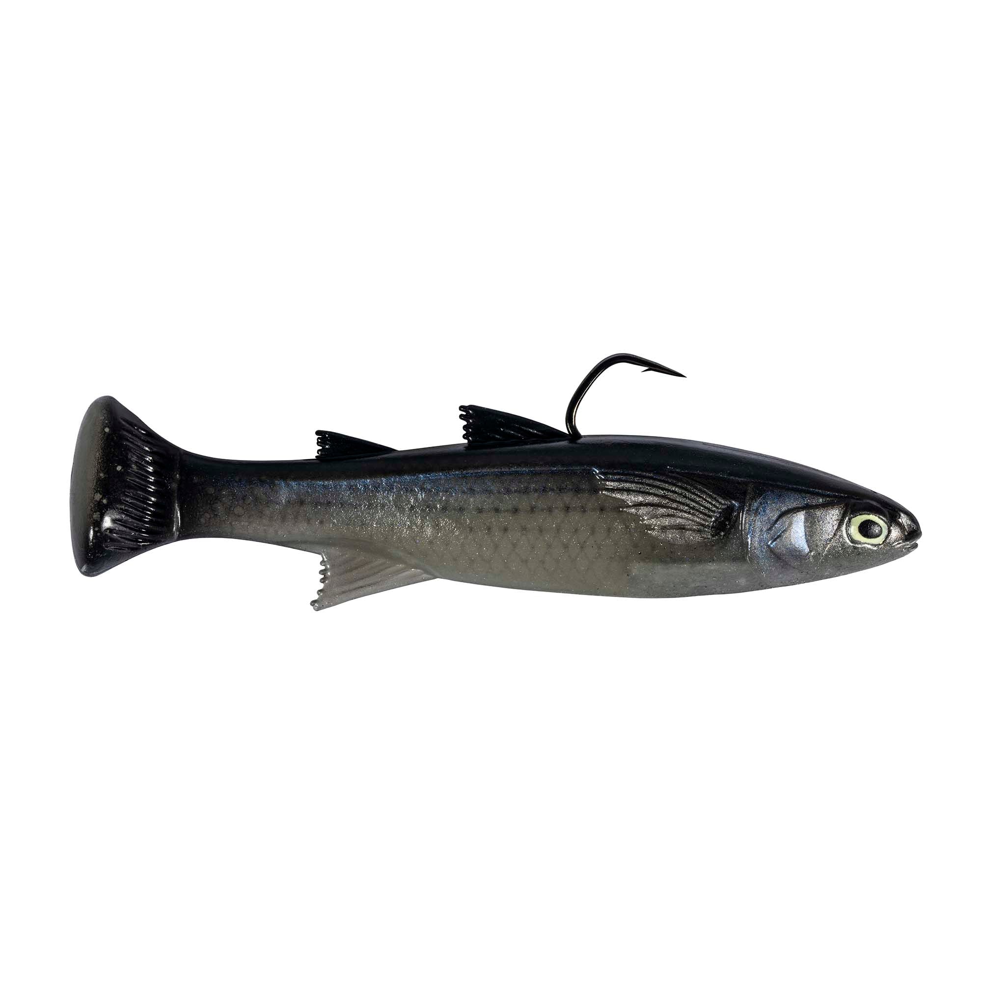 Fishing lure in dark gray-silver with black tail and curled hook
