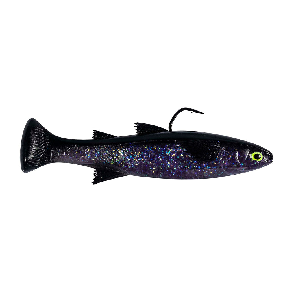 Fishing lure with purple-blue glitter body, black tail, and silver curled hook
