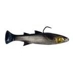Fishing lure in gray with yellow-green head, black tail, and curled hook