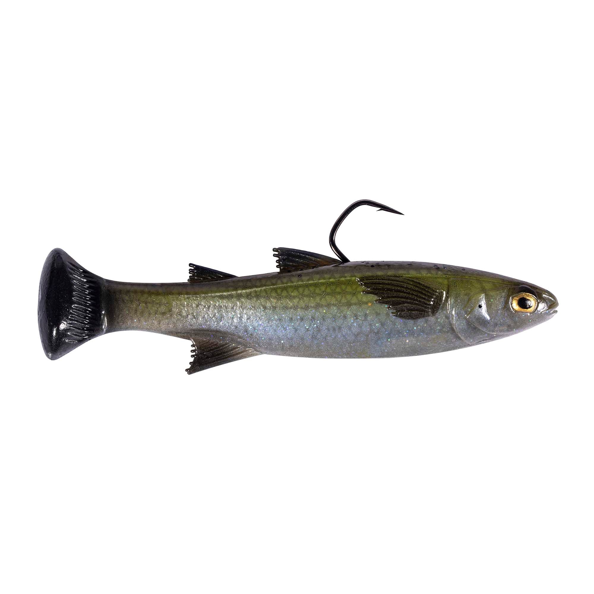 Fishing lure in olive gray with blue tint, black tail, and curled hook