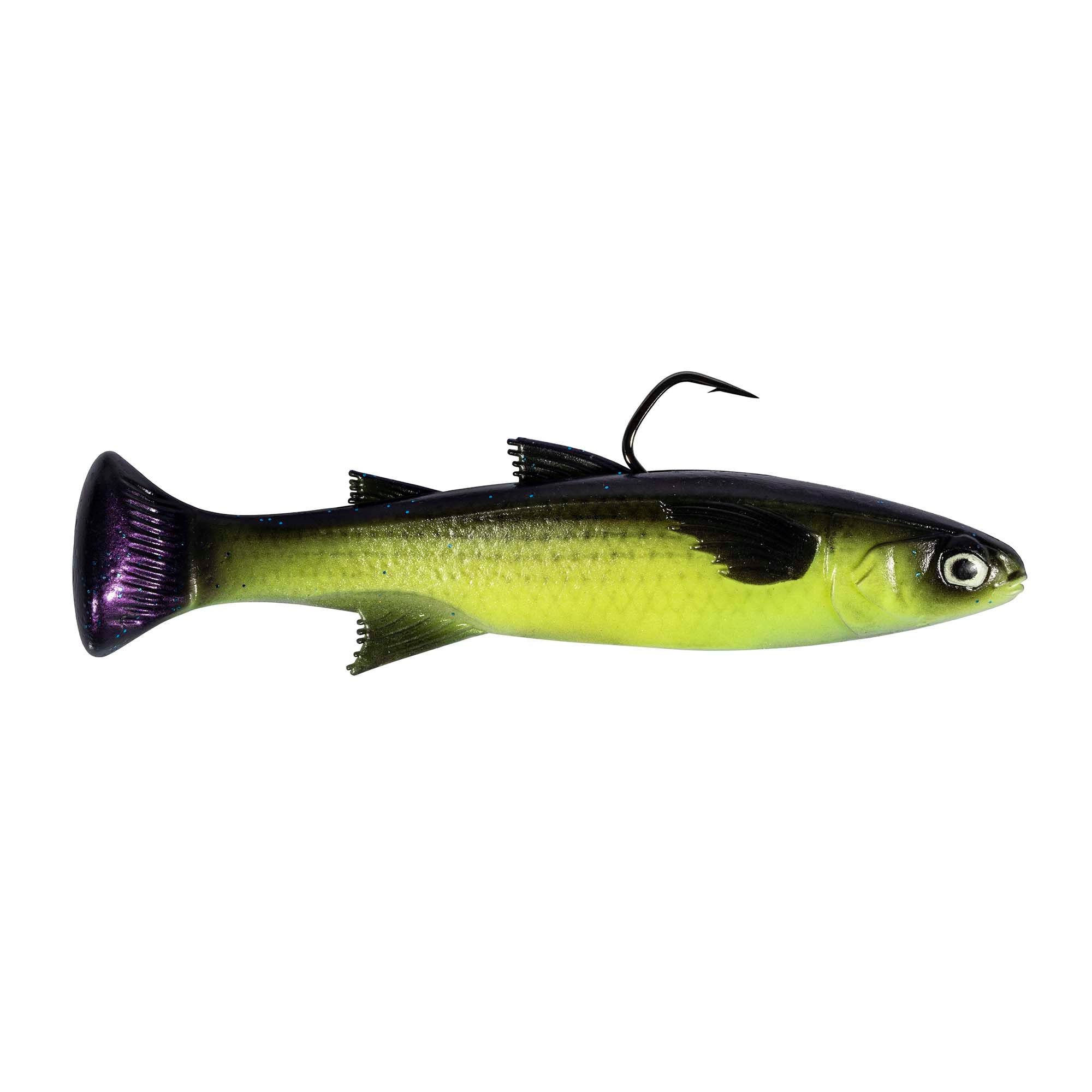 Fishing lure in neon green with purple tail, black accents, and curled hook