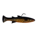 Fishing lure with gold glitter body, dark tail, red eye, and curled hook