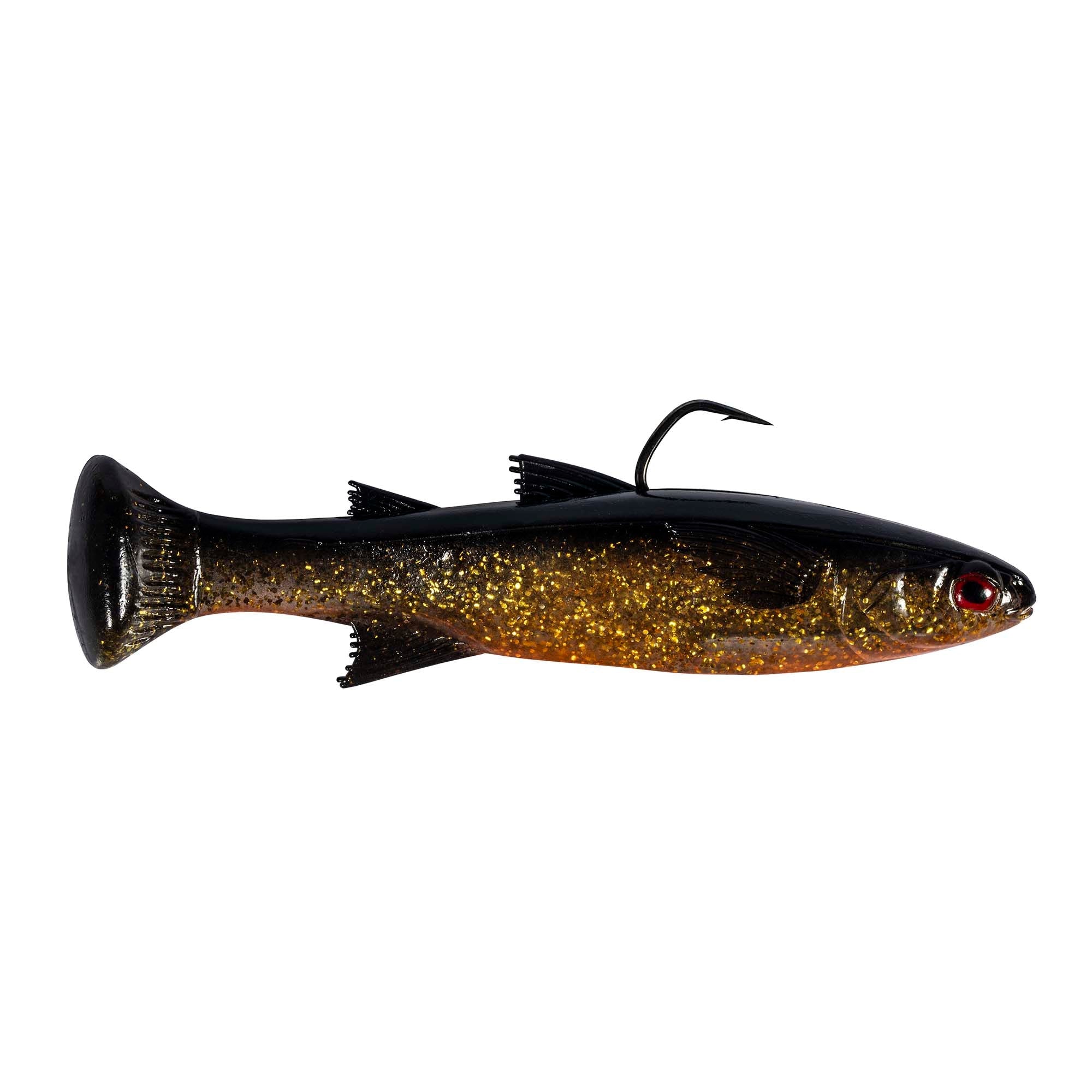 Fishing lure with gold glitter body, dark tail, red eye, and curled hook