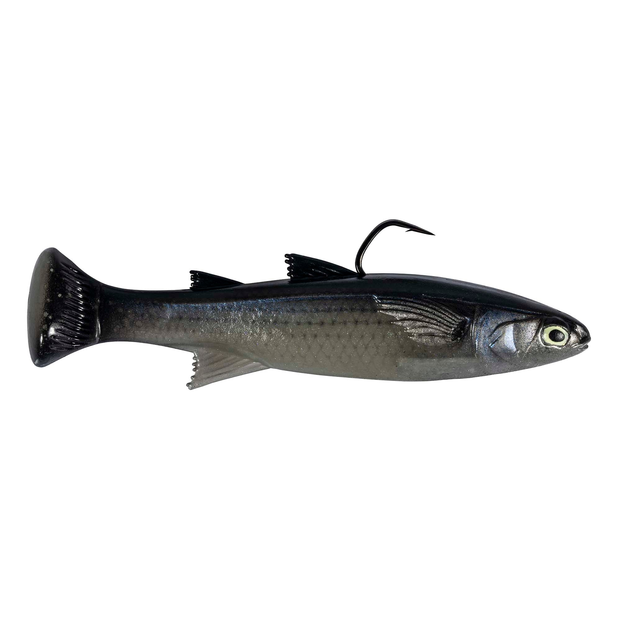 Fishing lure in silver gray with black tail, yellowish eye, and curled hook