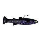 Fishing lure with blue-purple glitter body, black tail, green eye, and curled hook