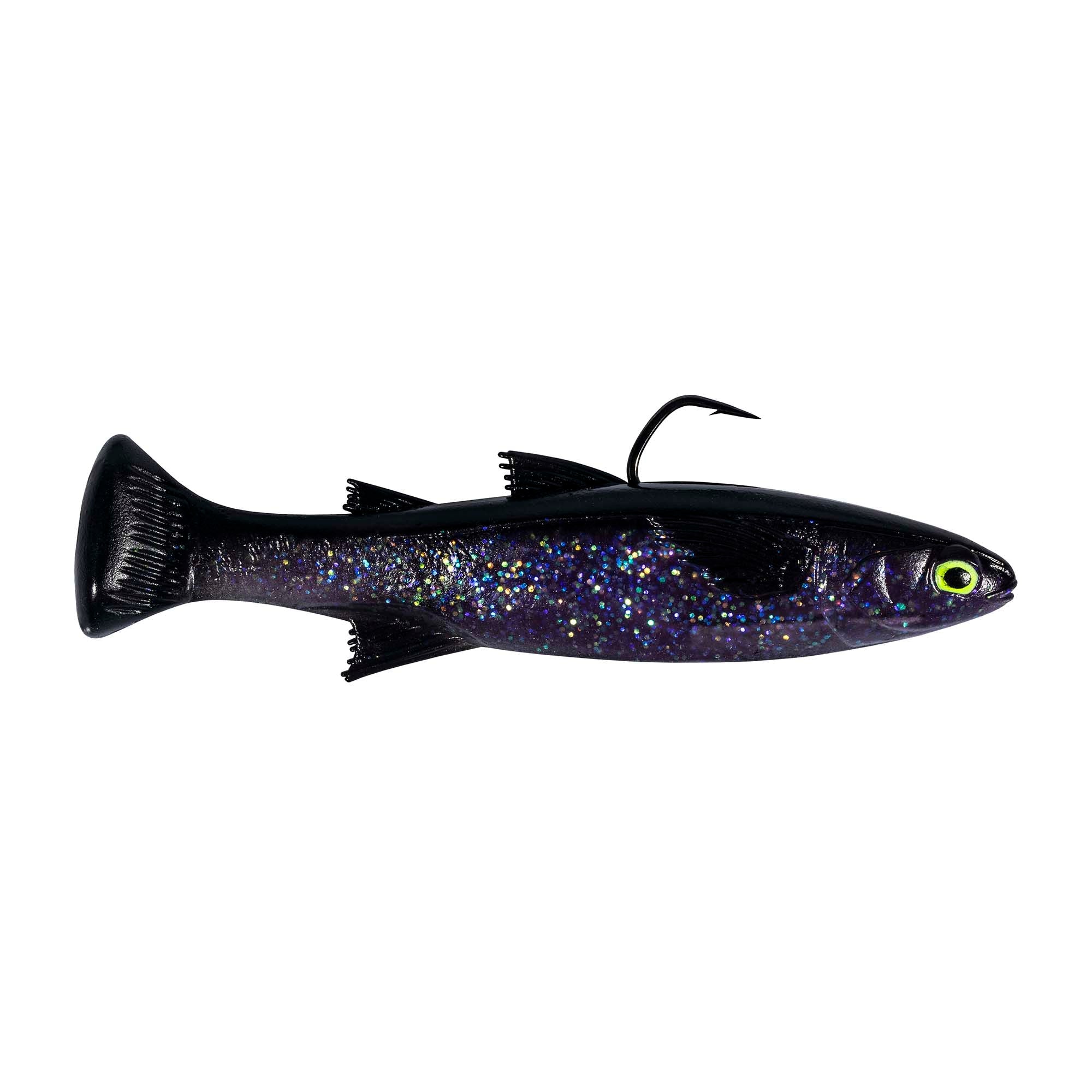 Fishing lure with blue-purple glitter body, black tail, green eye, and curled hook