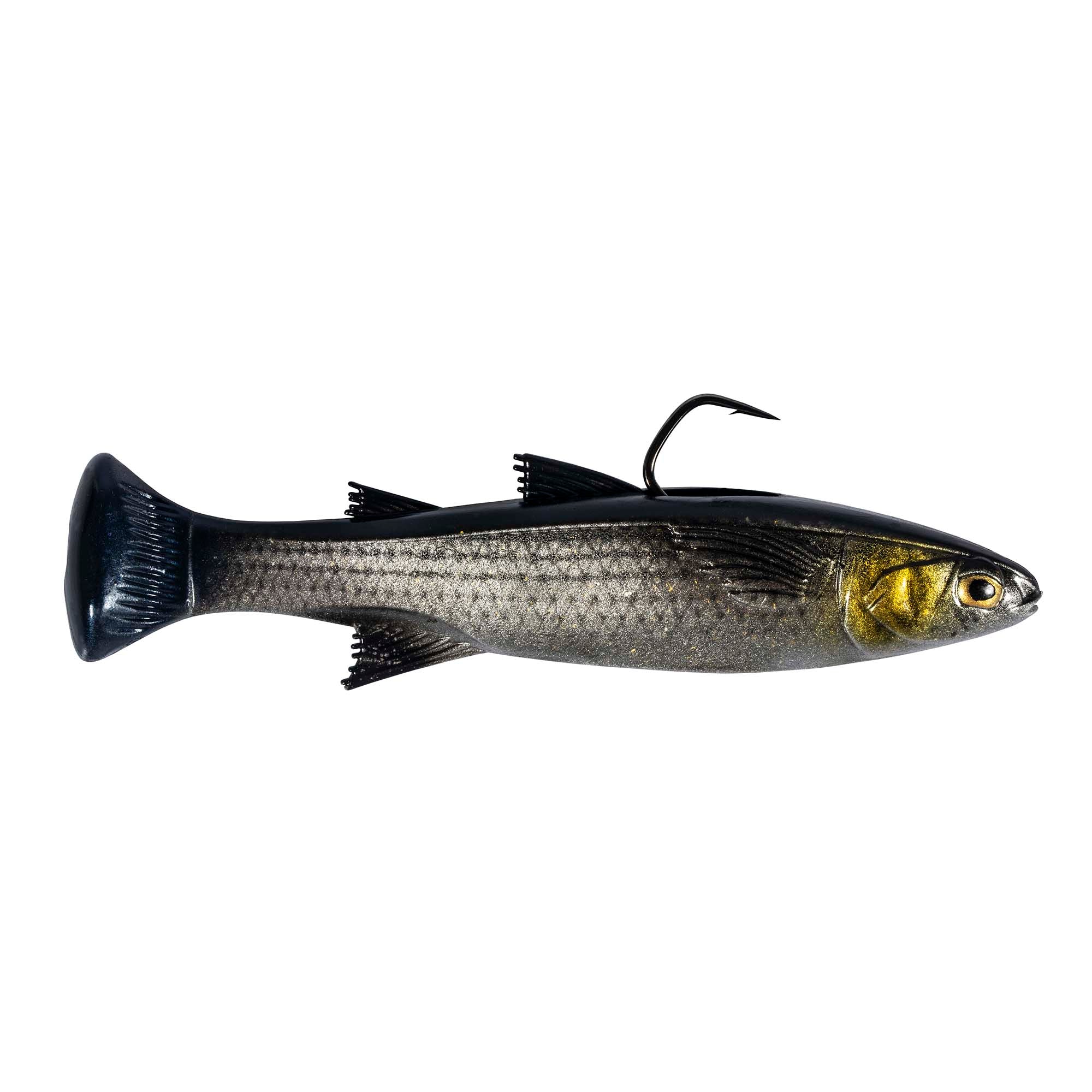 Fishing lure in gray with gold-yellow head, black tail, and curled hook