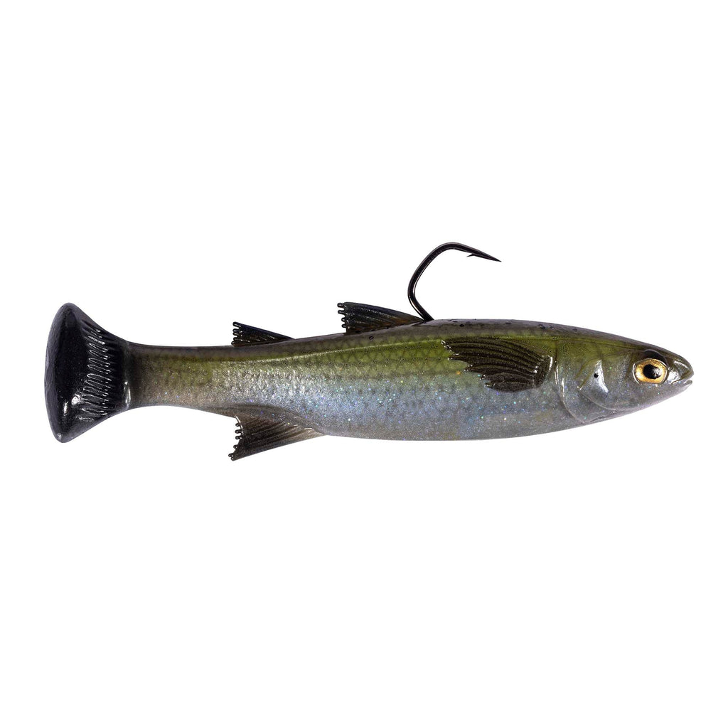 Fishing lure in olive gray with blue sheen, black tail, and curled hook