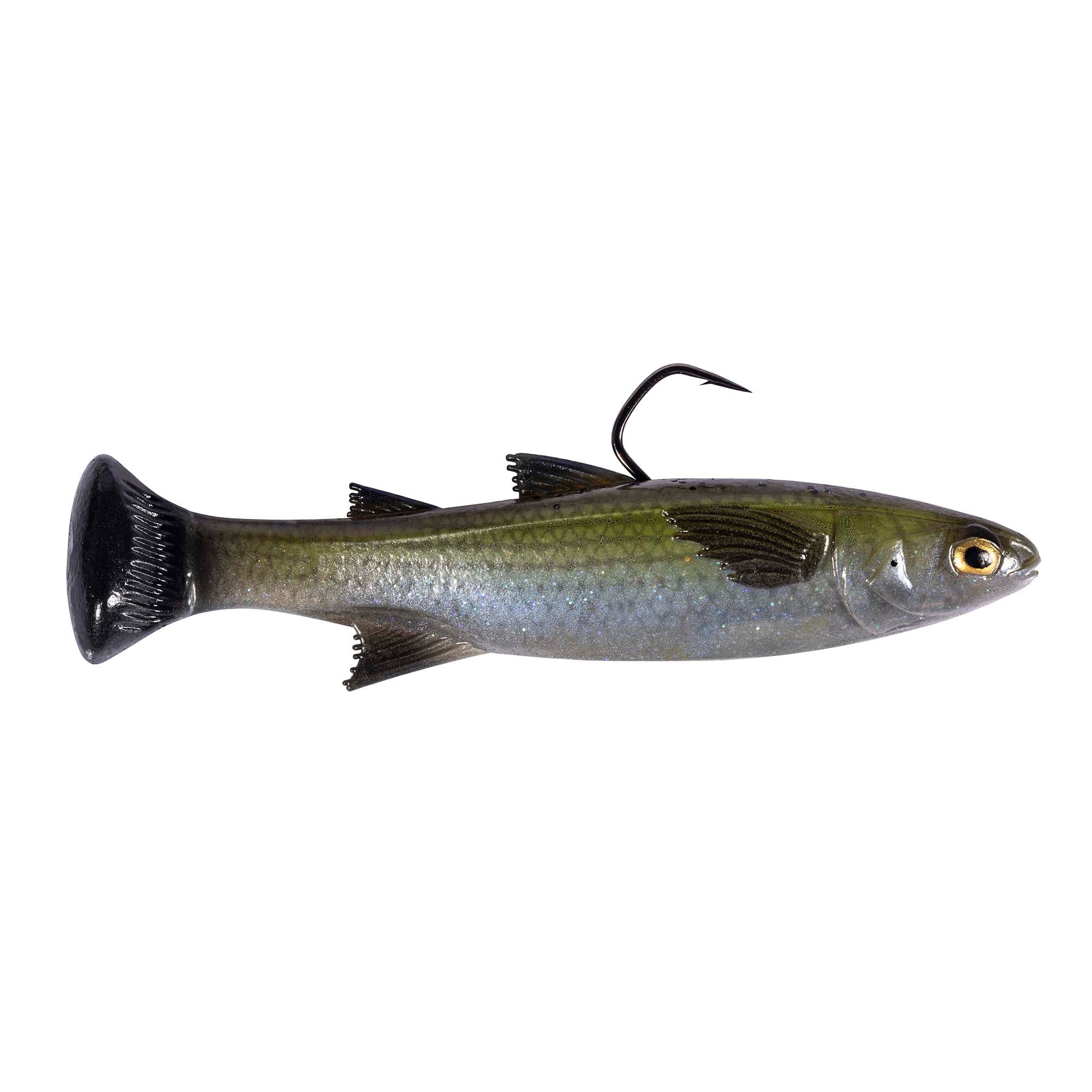 Fishing lure in olive gray with blue sheen, black tail, and curled hook