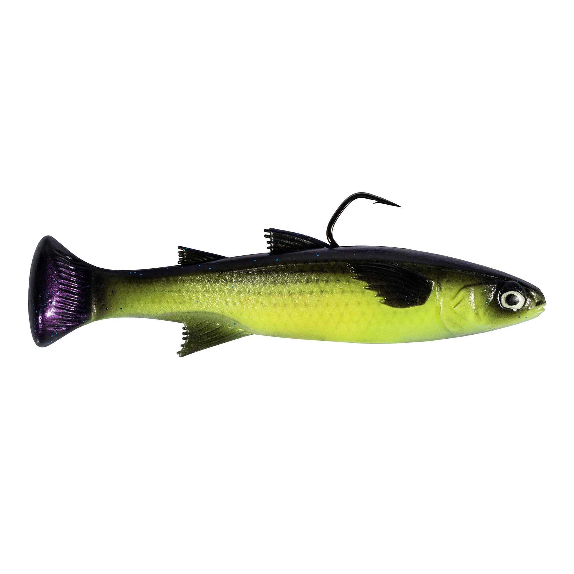 Green fishing lure with purple tail, black back, realistic eye, treble hook