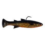 Dark gold-glitter fishing lure with red eye, black back, treble hook