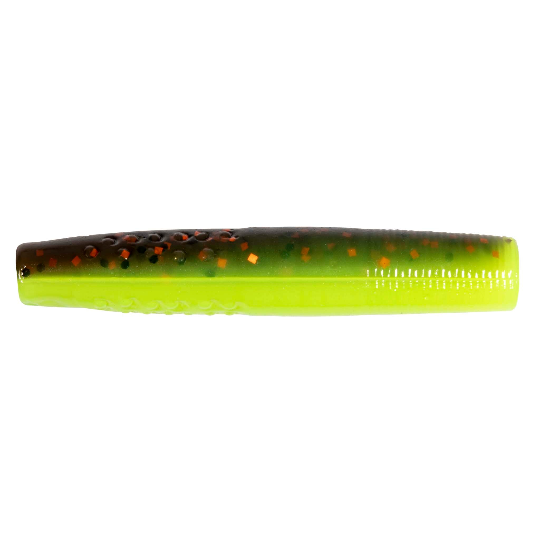 Micro TRD fishing lure, neon chartreuse green with dark orange speckles and beads