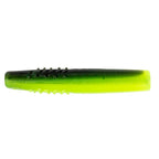 Micro TRD fishing lure, neon green with darker olive top and black bead-speckled spots