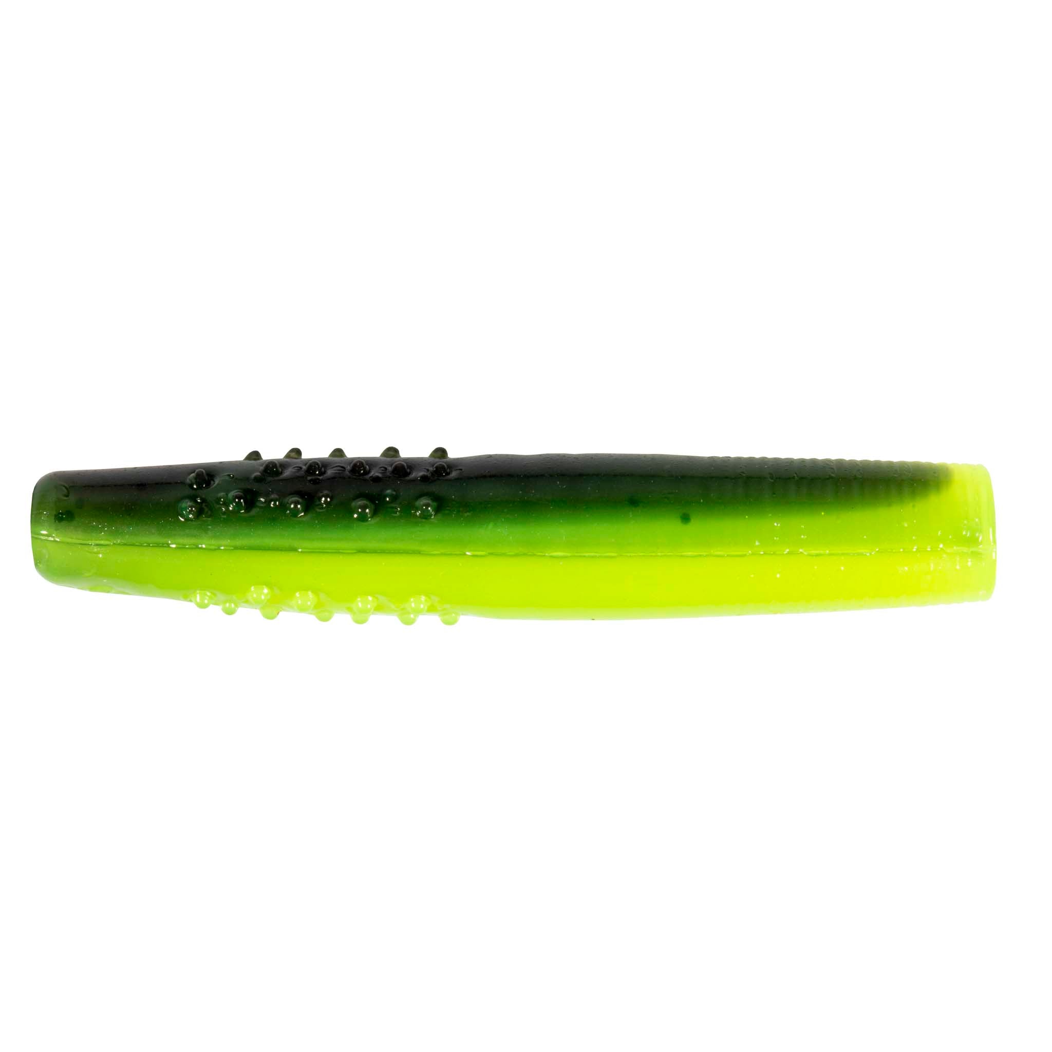Micro TRD fishing lure, neon green with darker olive top and black bead-speckled spots
