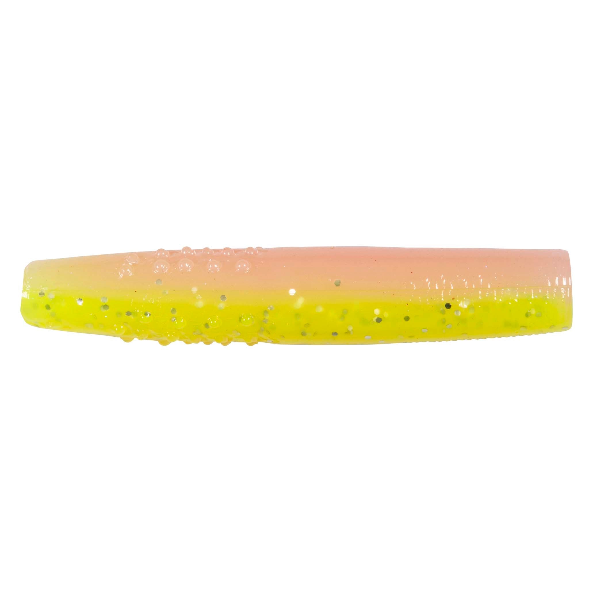 Micro TRD fishing lure, pale clear pink with yellow tail and greenish speckled beads