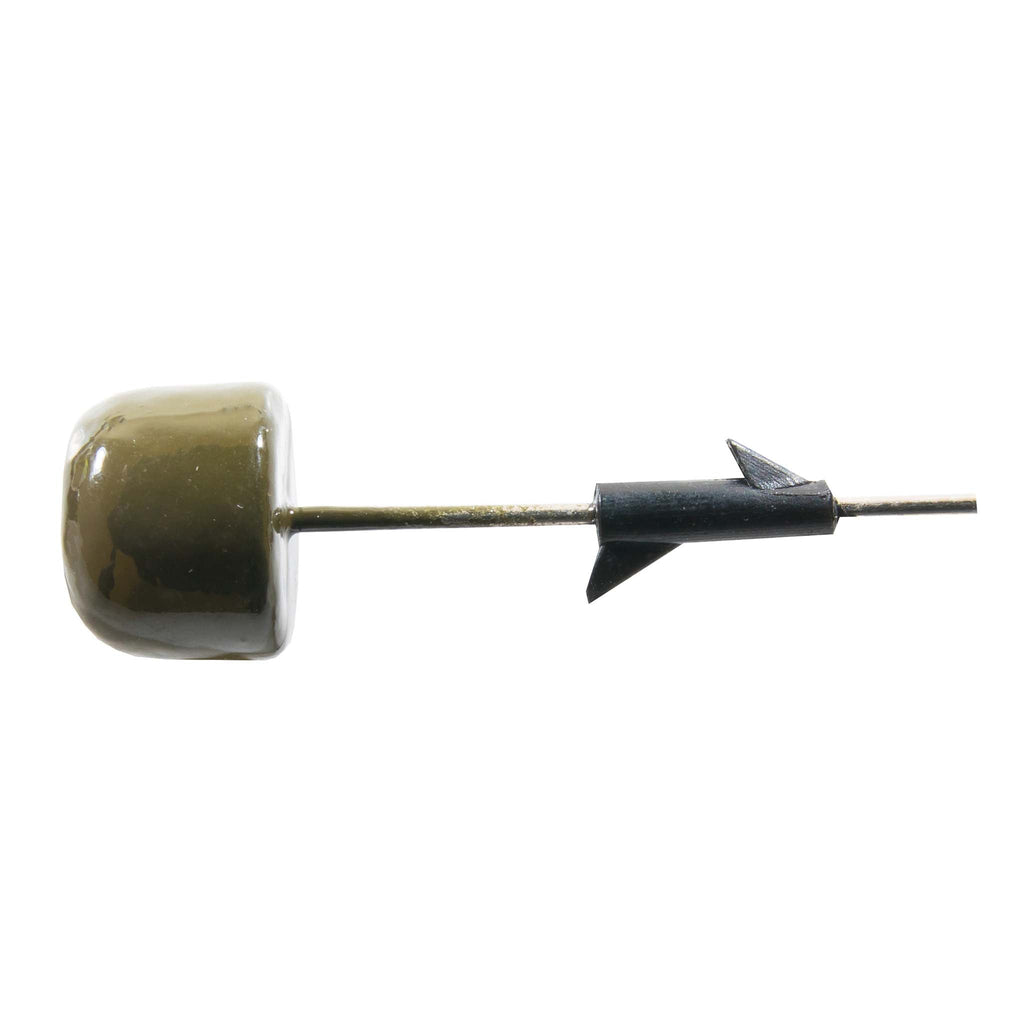 Glossy olive green mushroom pin with black arrow back on gold-tone bar
