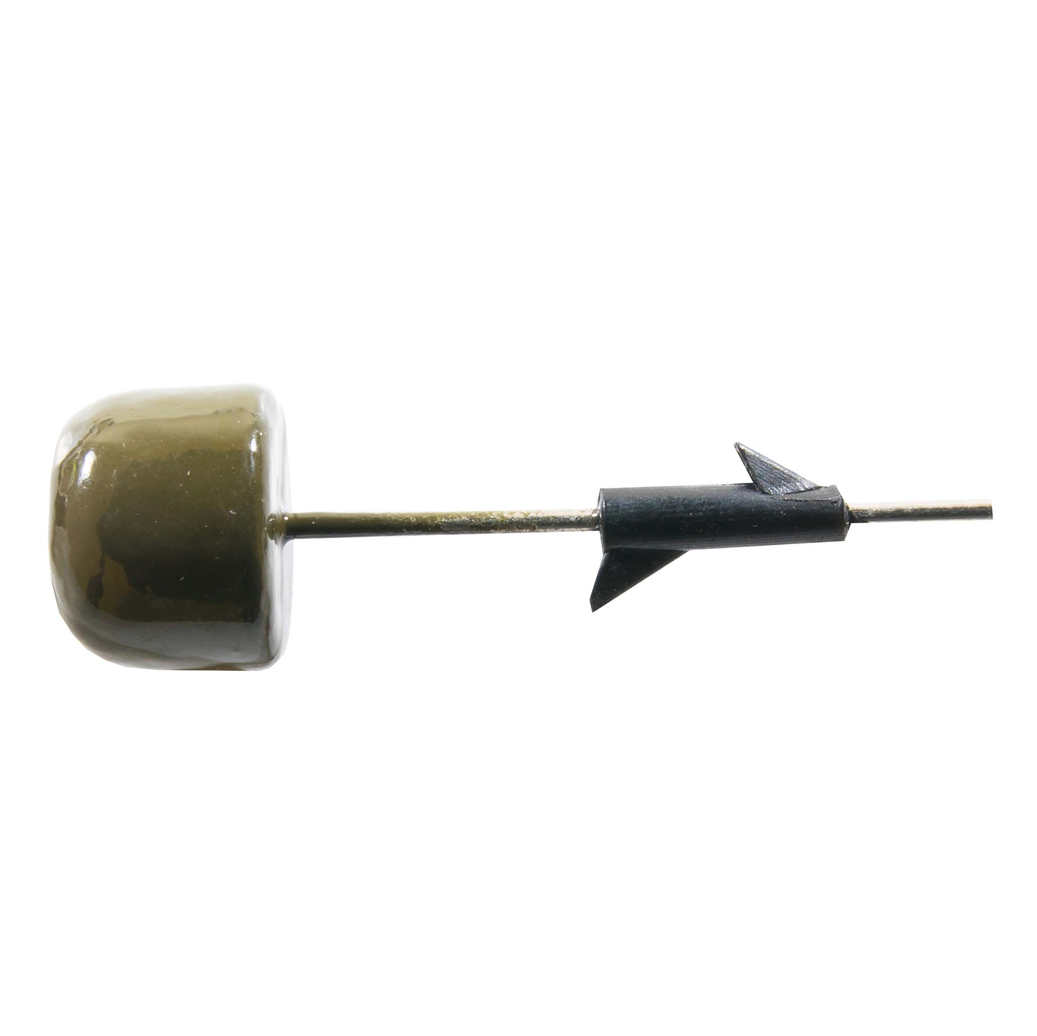 Olive green mushroom pin with black arrow detail on gold-tone bar