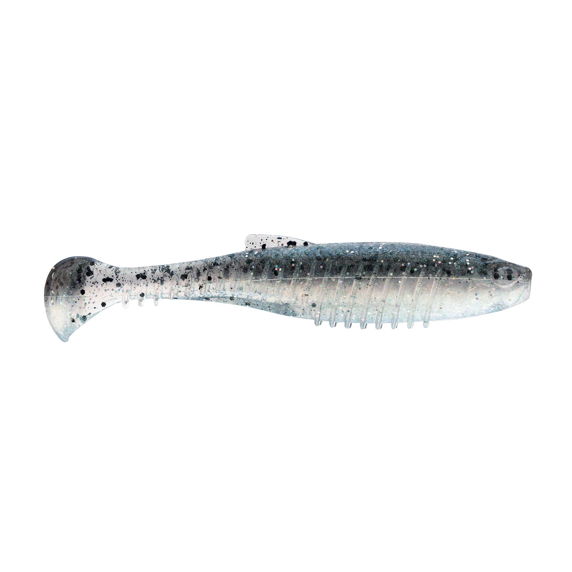 Silver-blue soft plastic minnow lure with black speckles, ribbed body, forked tail