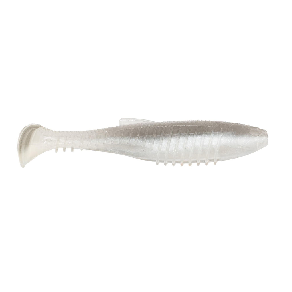Soft fishing lure, translucent light gray-white with ribbed midsection