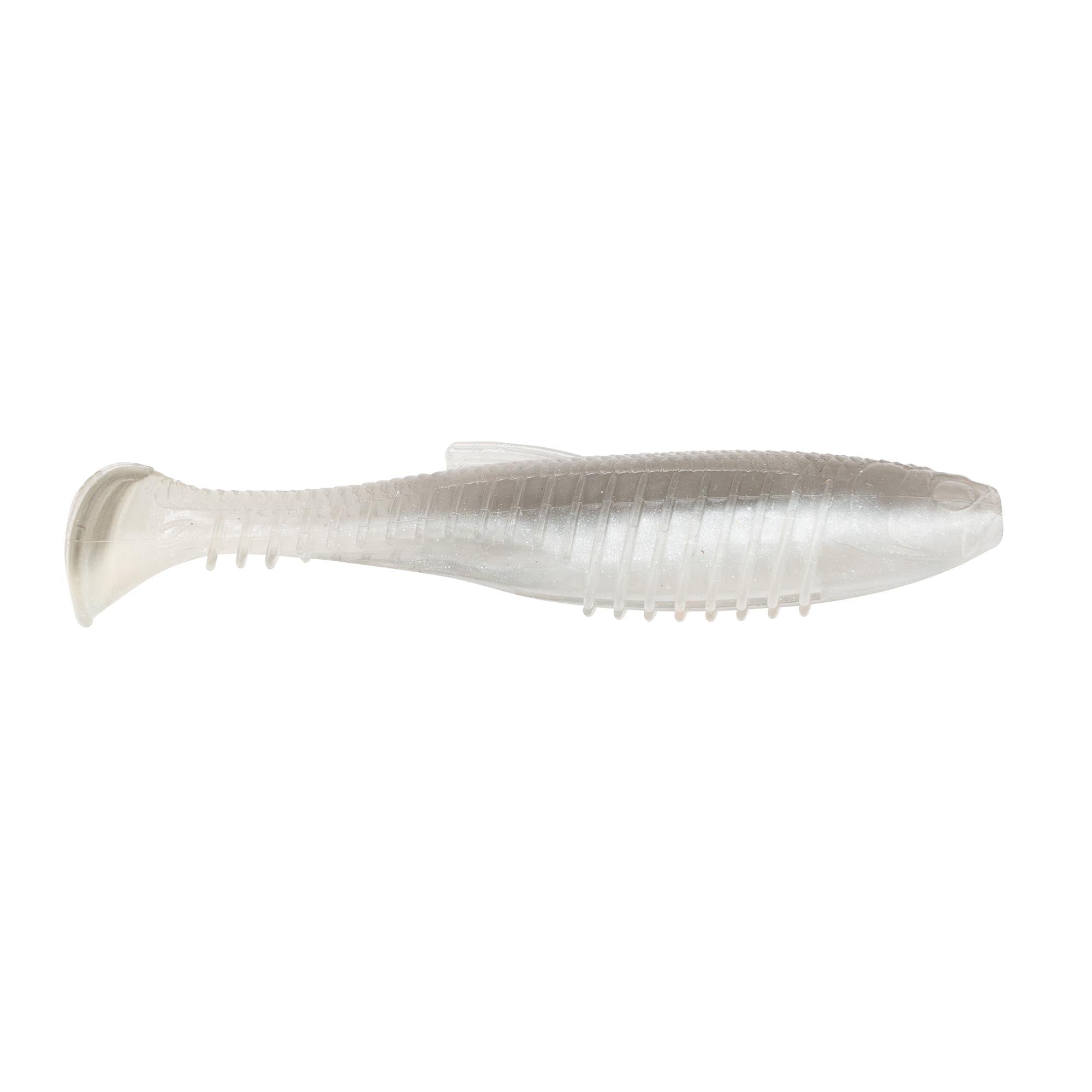 Soft fishing lure, translucent light gray-white with ribbed midsection