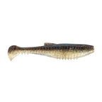 Brown-gold soft plastic minnow lure with dark speckles, ribbed body and forked tail