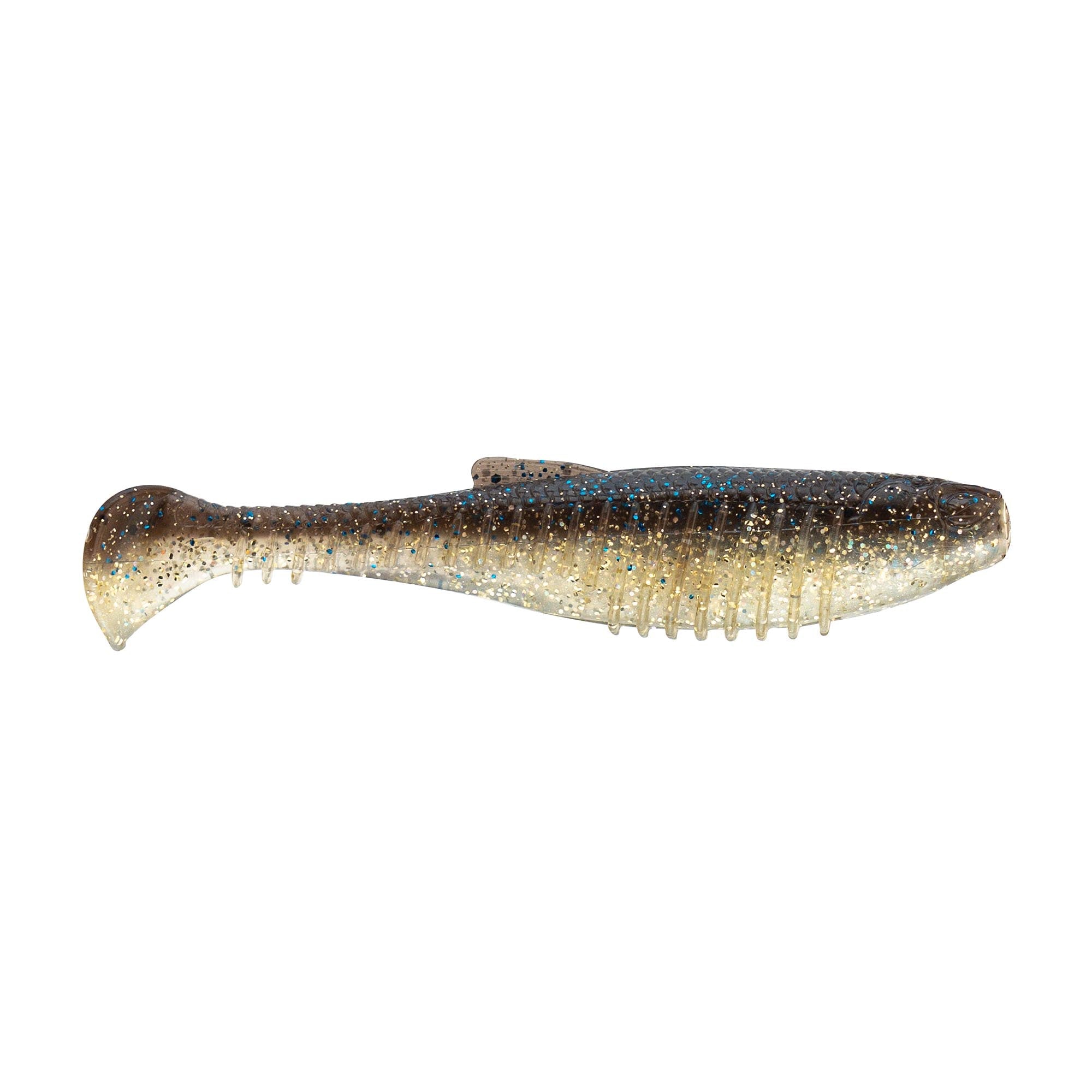 Brown-gold soft plastic minnow lure with dark speckles, ribbed body and forked tail
