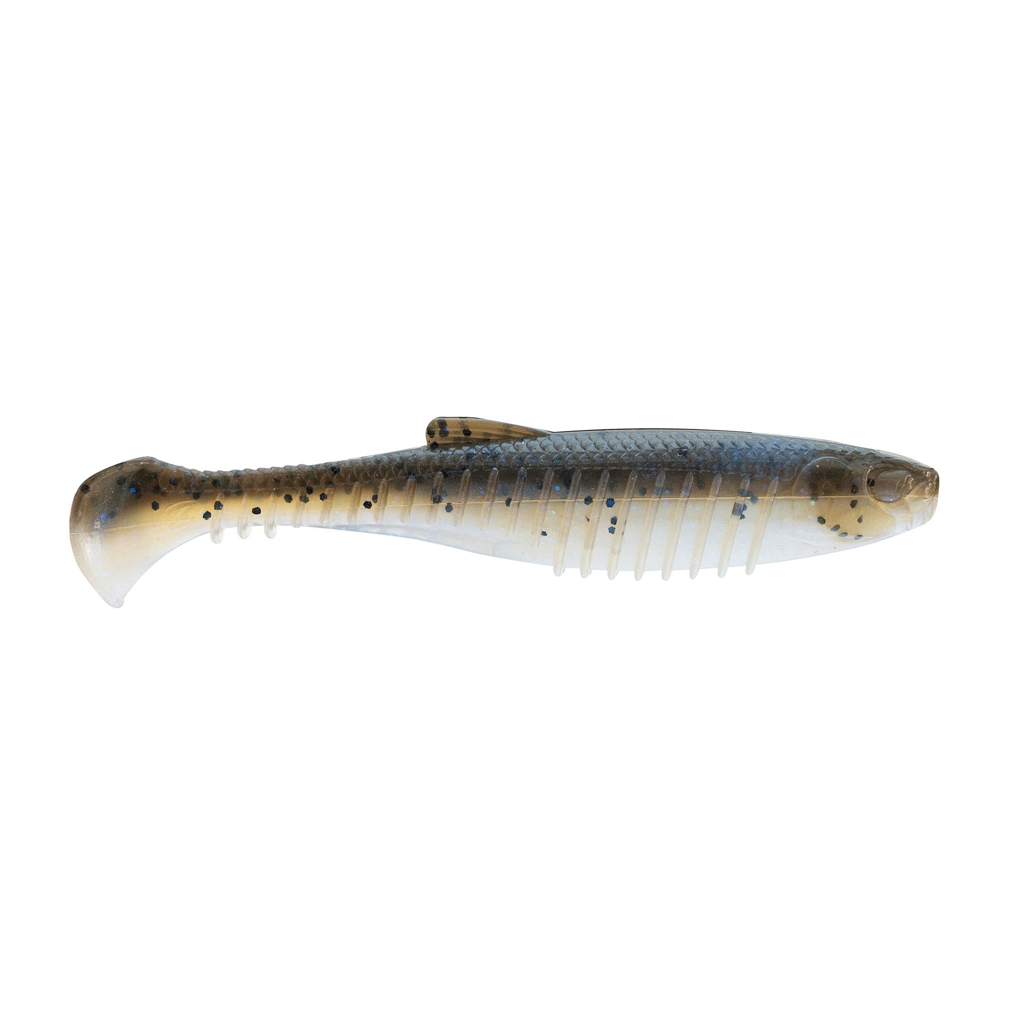 Dark blue soft plastic minnow lure with gold accents, black speckles, ribbed body