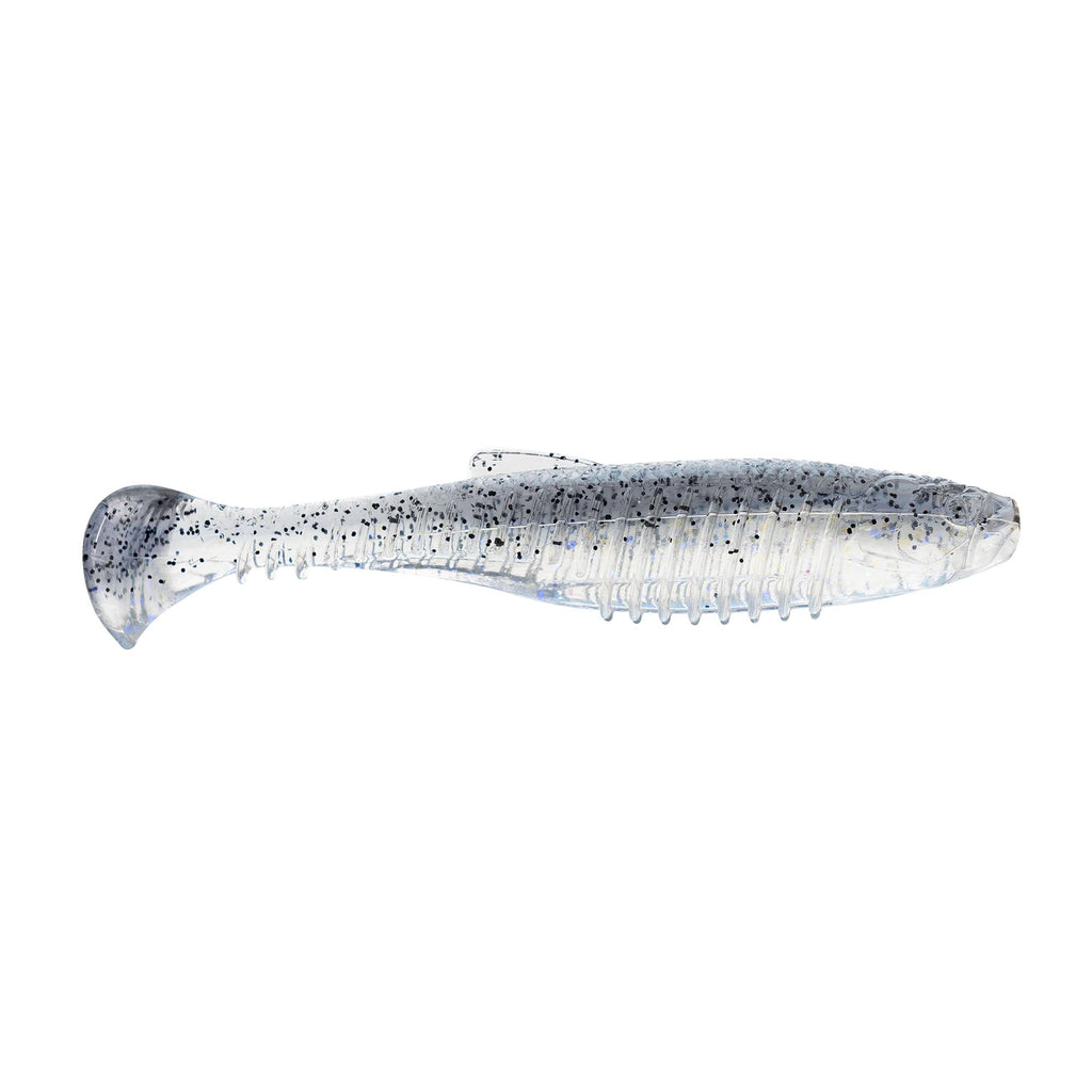 Gray-blue soft plastic minnow lure with black speckling, ribbed body and forked tail