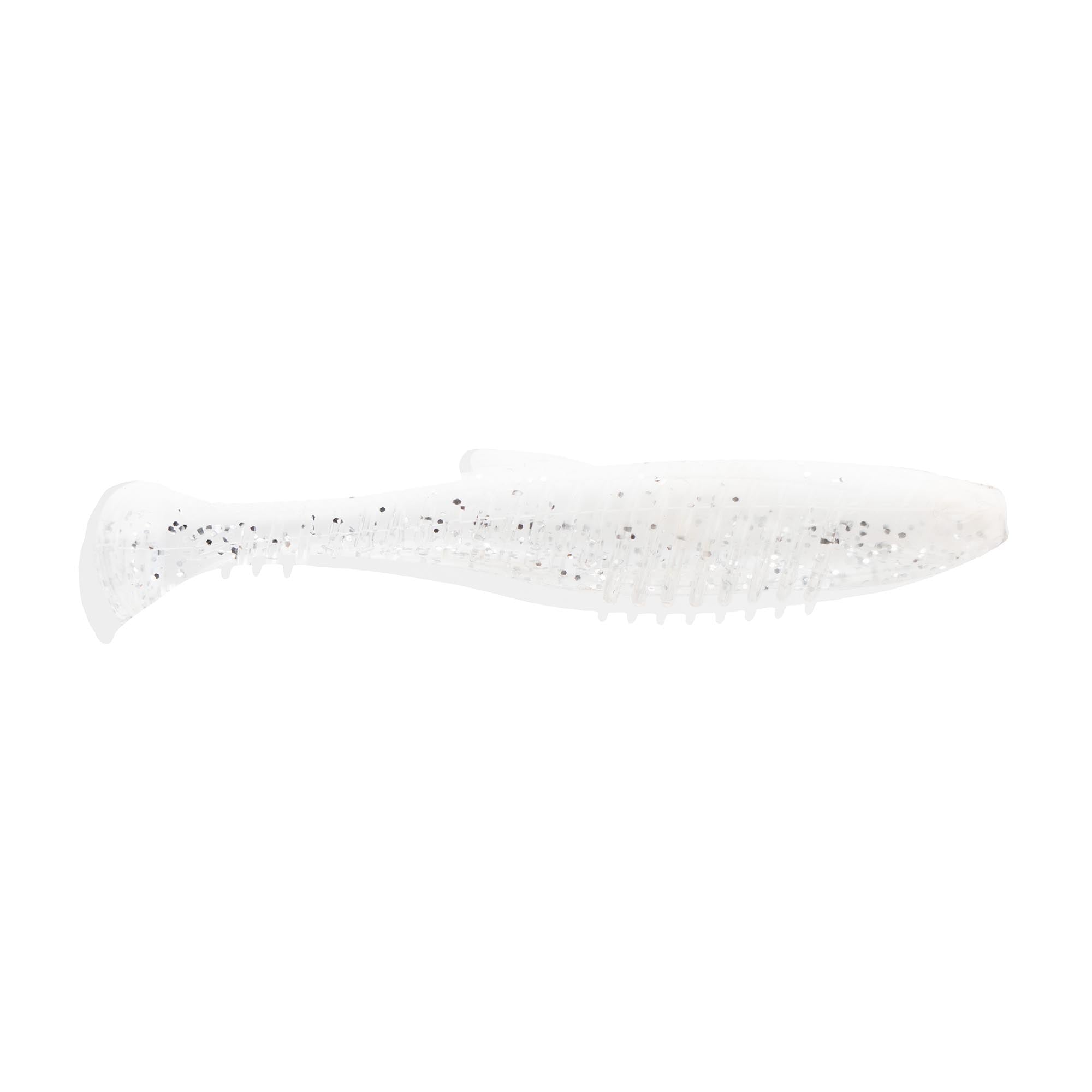 Octane MinnowZ soft shad lure, white translucent body with scattered dark speckles
