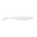 White soft plastic minnow lure with fine black speckles, ribbed body, forked tail