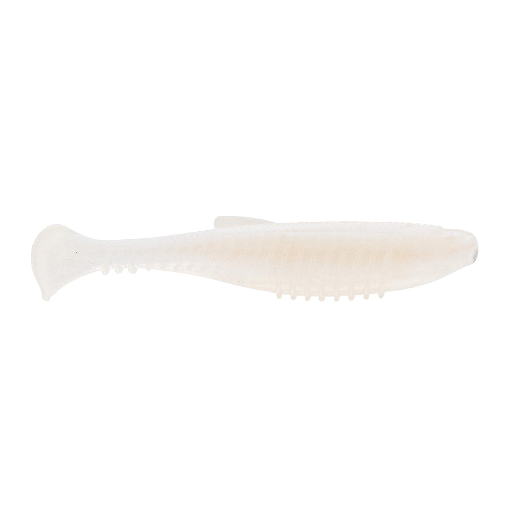 Soft fishing lure, translucent pale white with ribbed body and small speckles