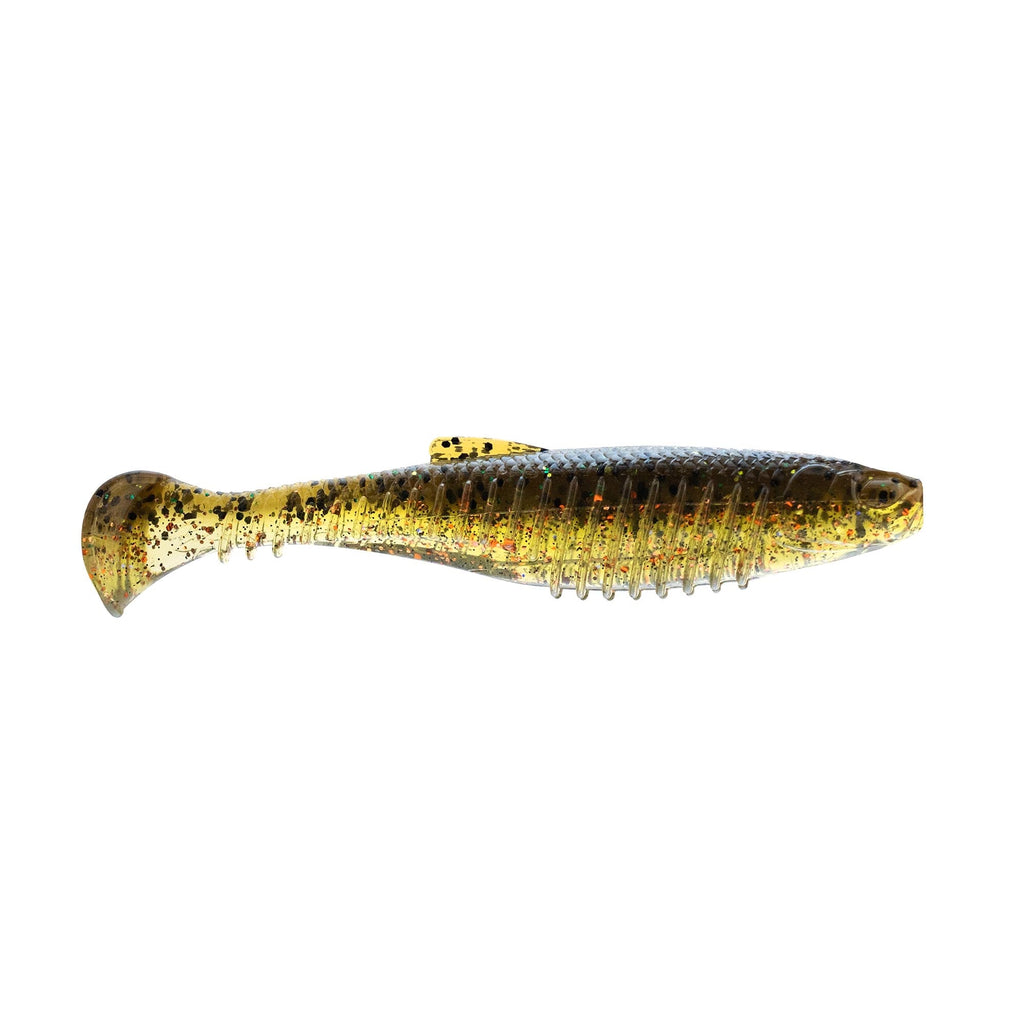 Soft fishing lure, yellow-olive body with dark speckles and ribbed belly