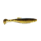 Soft fishing lure, yellow-olive body with dark speckles and ribbed belly
