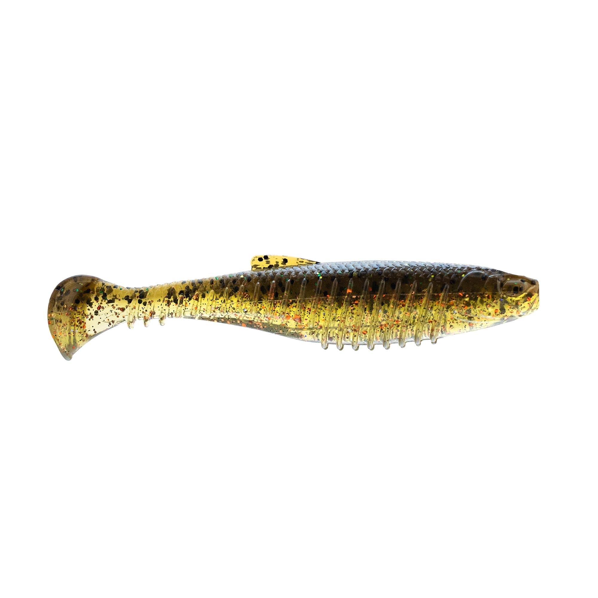 Soft fishing lure, yellow-olive body with dark speckles and ribbed belly