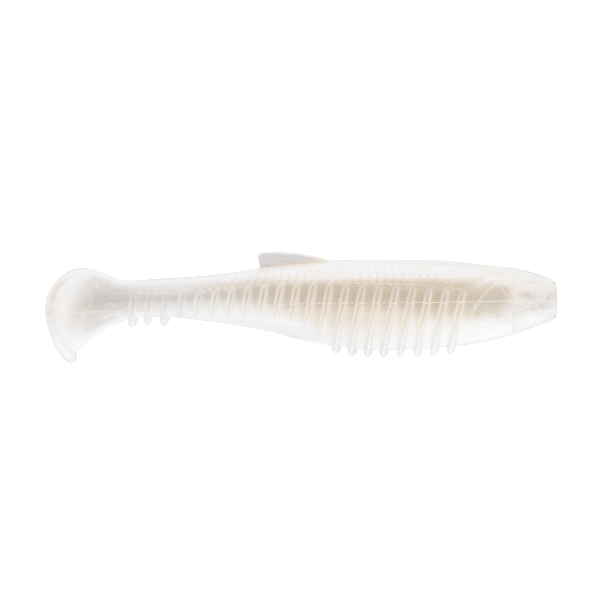 Translucent off-white soft plastic minnow lure with faint lines, ribbed body