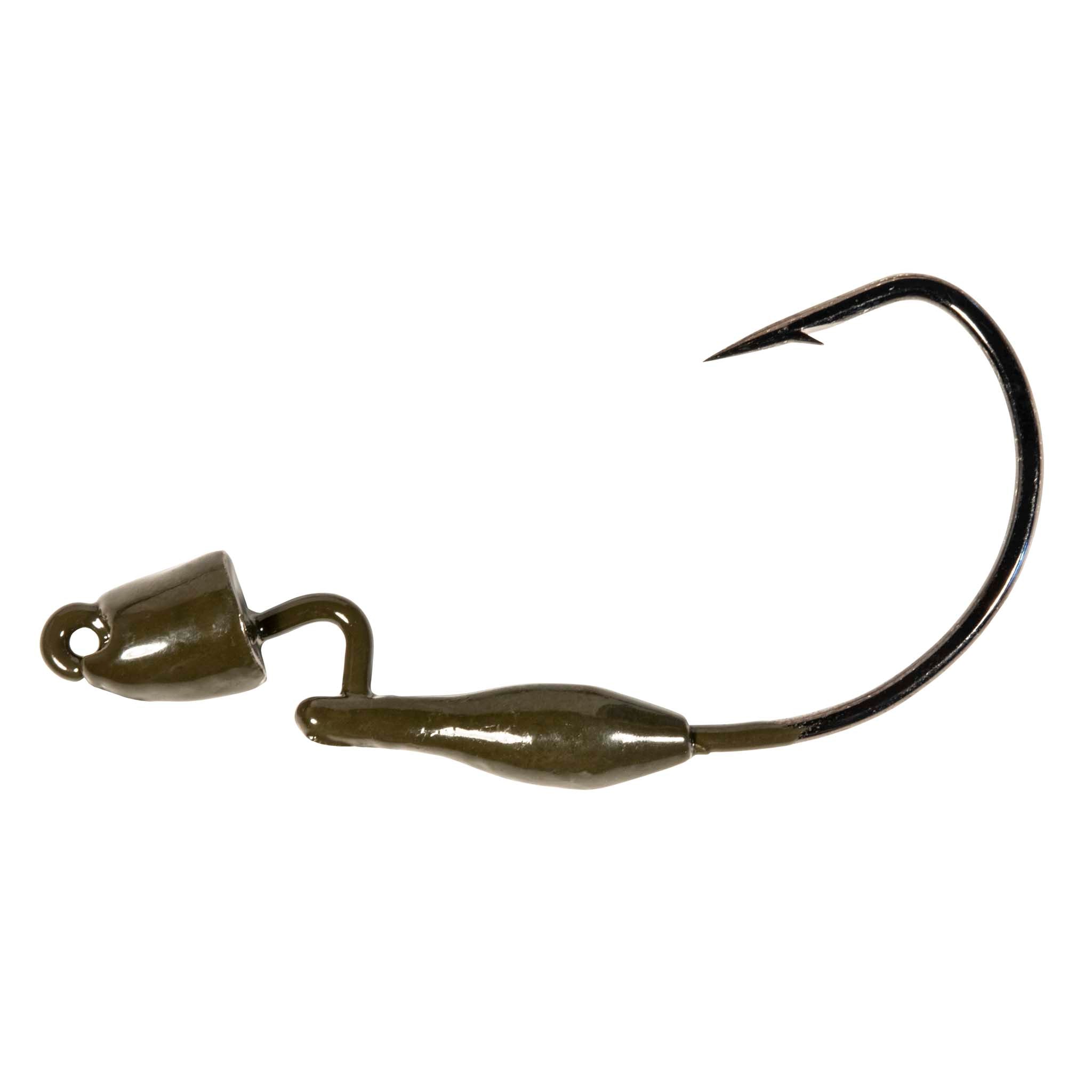 Olive-green fishing jig with bullet-shaped body and offset hook