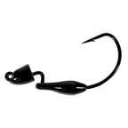 Black fishing jig with bullet-shaped body and offset hook