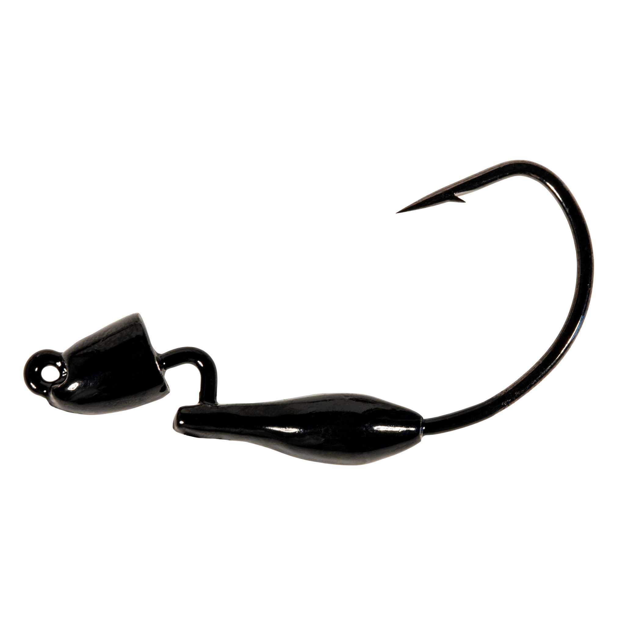 Black fishing jig with bullet-shaped body and offset hook