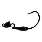 Black weighted fishing jig with offset hook