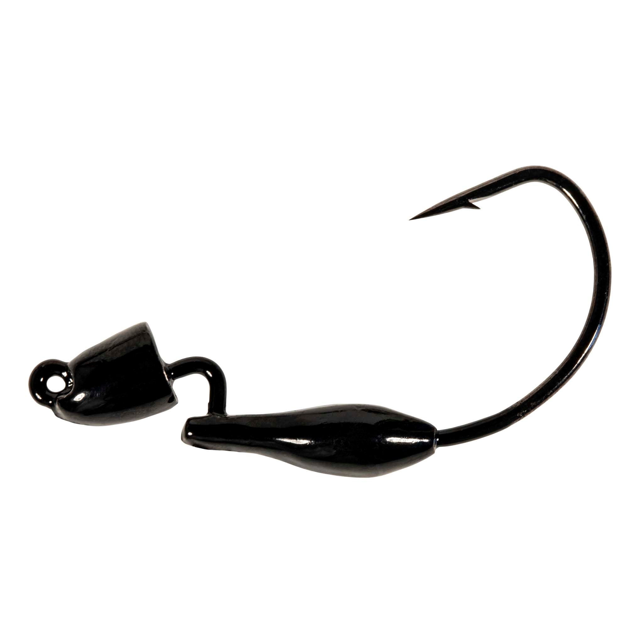 Black weighted fishing jig with offset hook