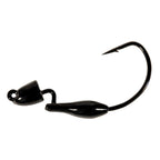 Black fishing jig with compact skirt and offset hook