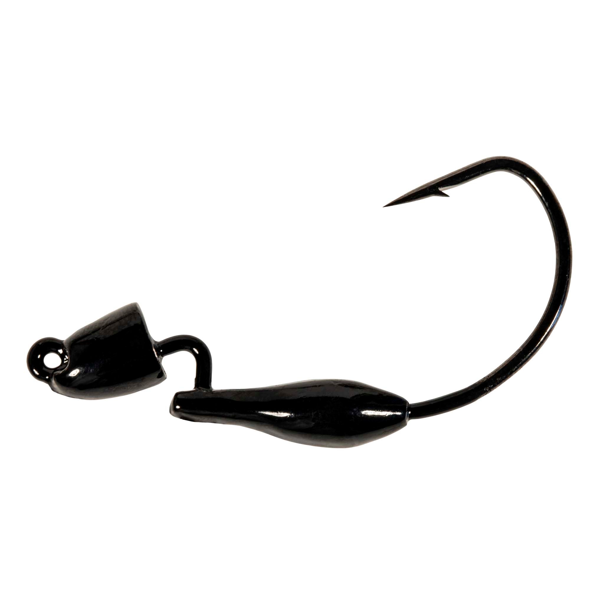 Black fishing jig with compact skirt and offset hook